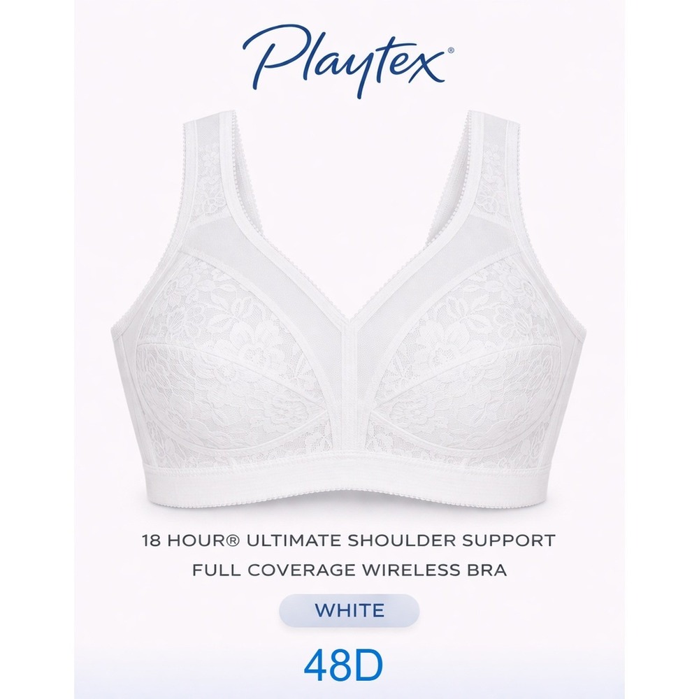 Playtex 18 Hour Ultimate Shoulder Support Wireless Bra 4693 White Floral 48D NWT
